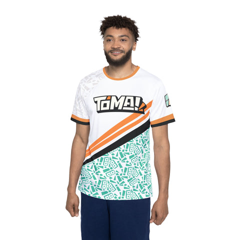 Toma! Men's Sports Jersey — Geometric White & Teal Athletic Tee