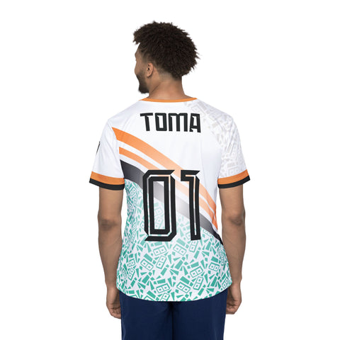 Toma! Men's Sports Jersey — Geometric White & Teal Athletic Tee